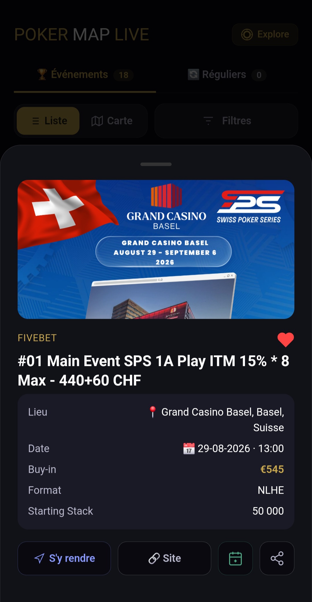 Fiche détaillée d'un tournoi sur PokerMapLive