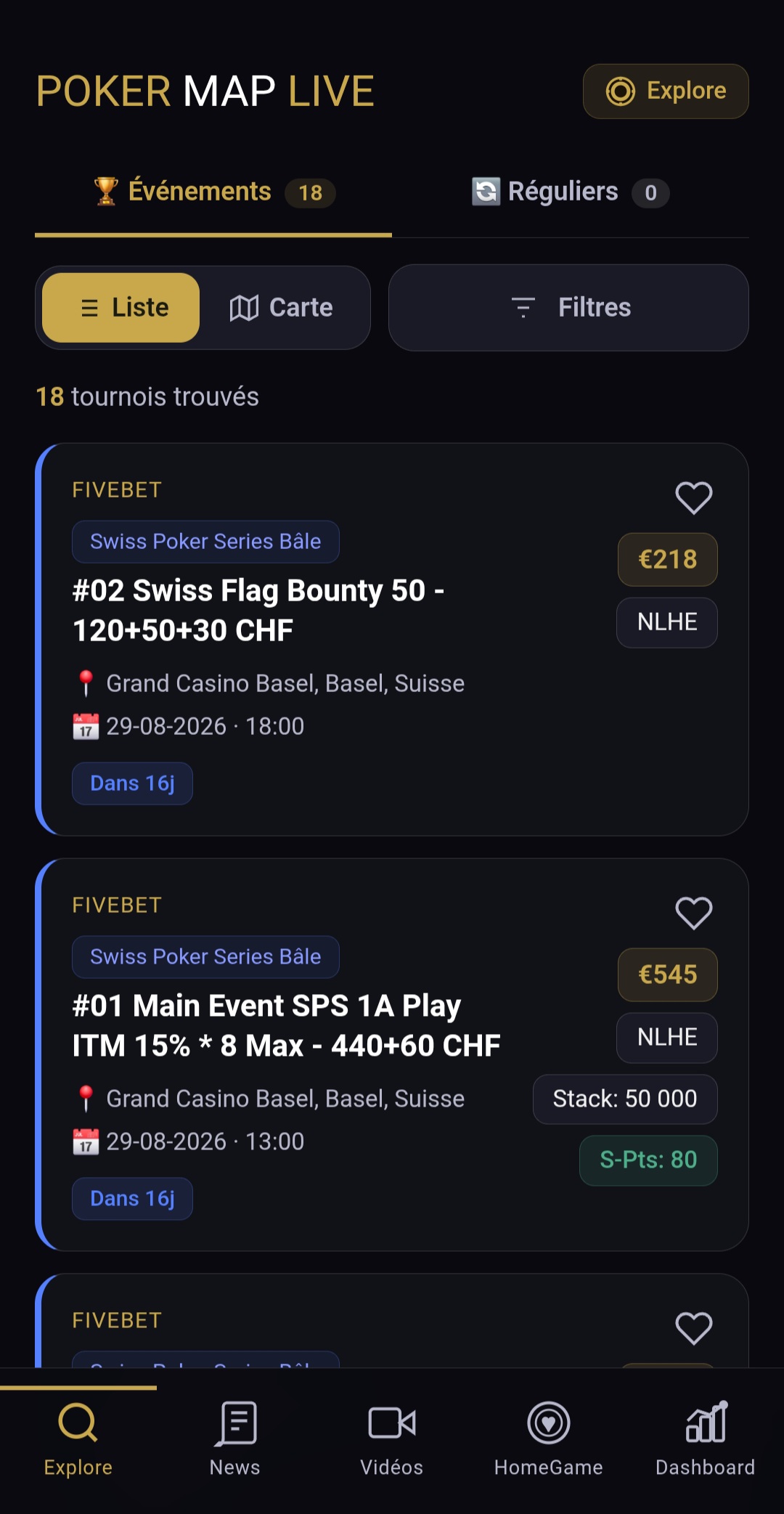 Liste des tournois sur PokerMapLive