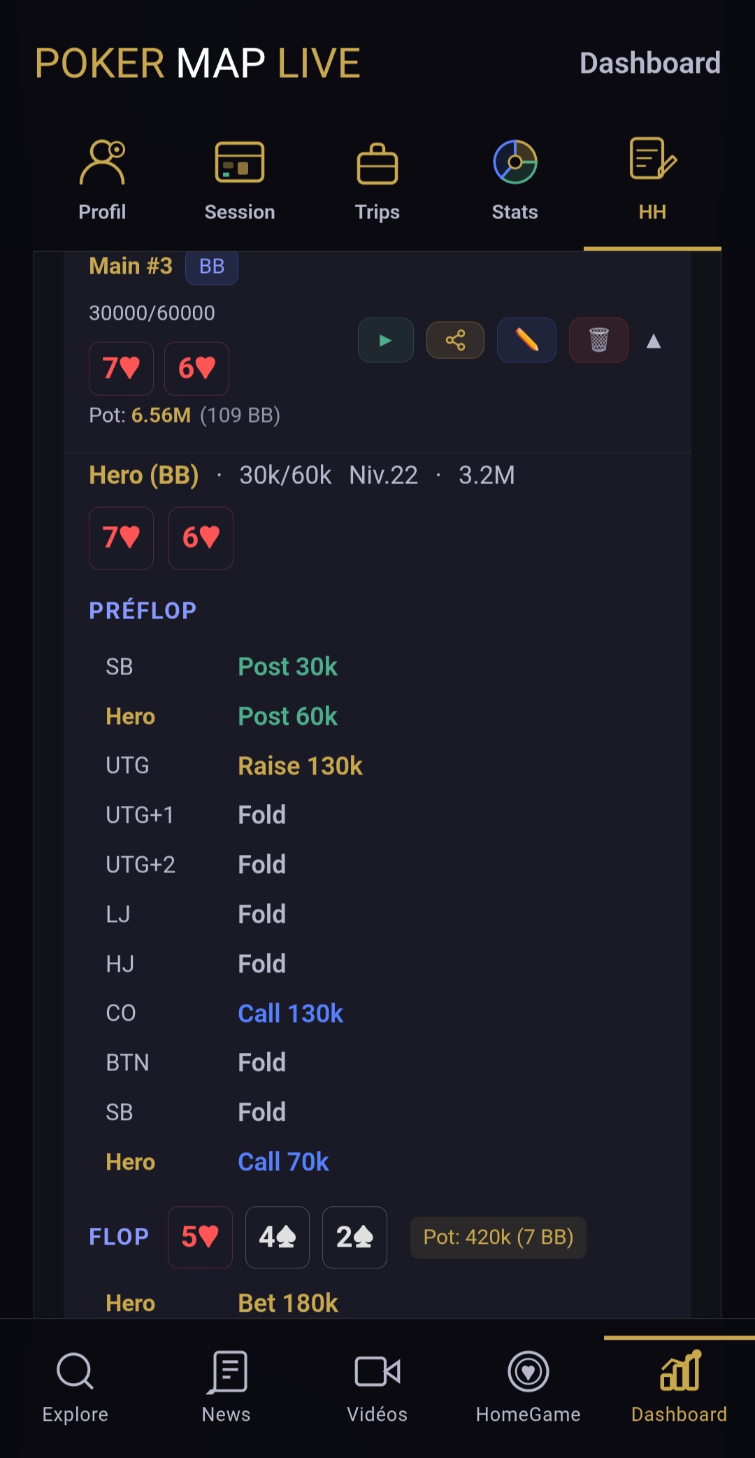 Détail action par action d'une main sur PokerMapLive