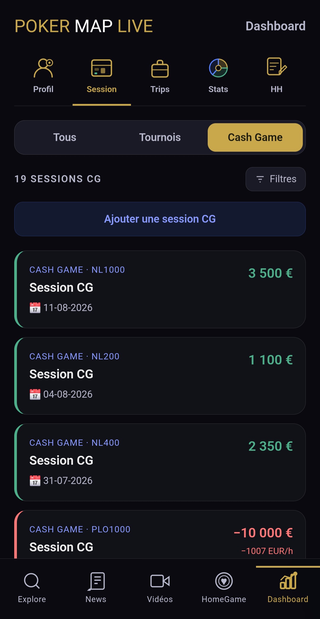 Historique des sessions cash game sur PokerMapLive