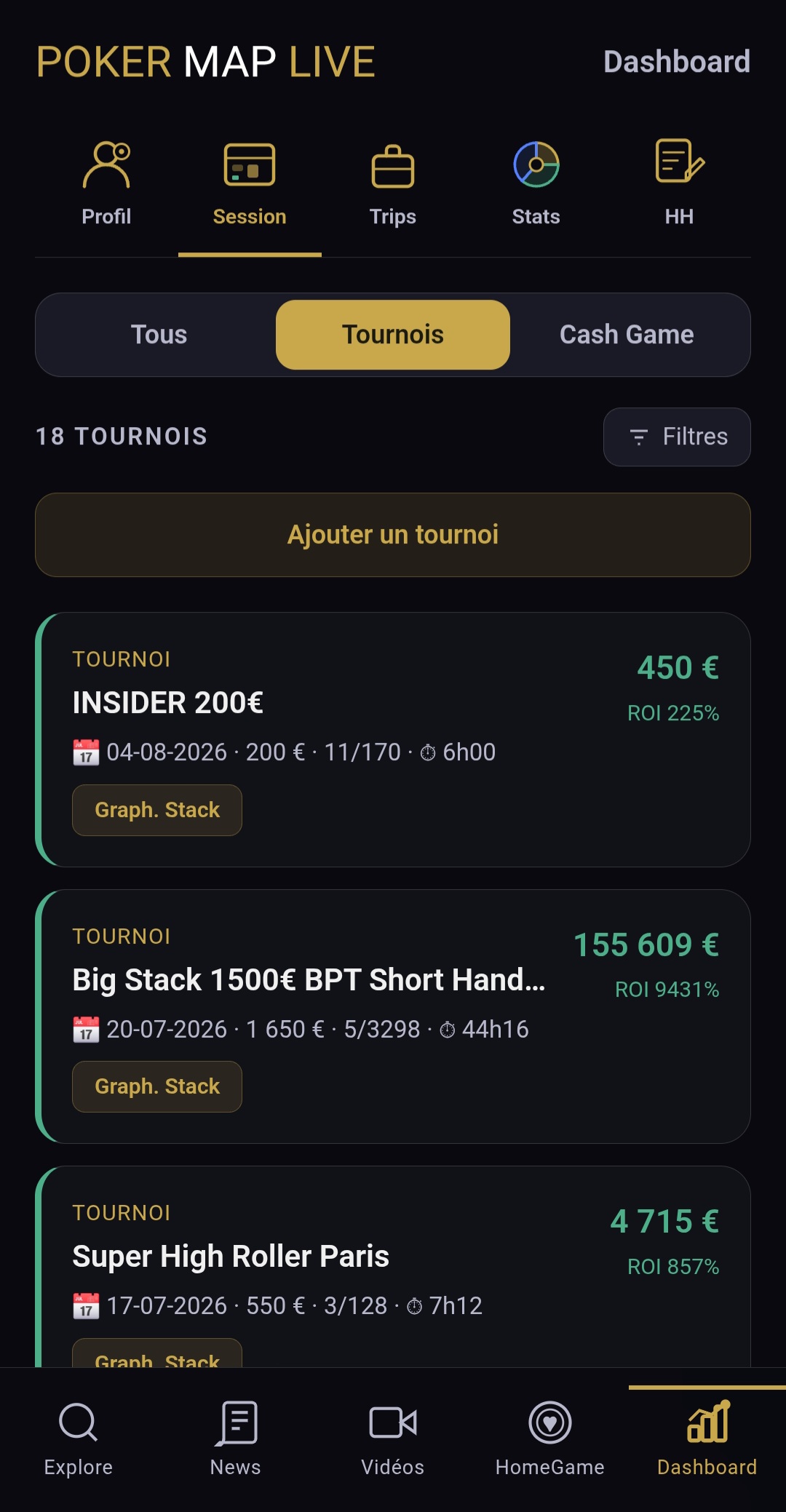 Historique des tournois joués sur PokerMapLive