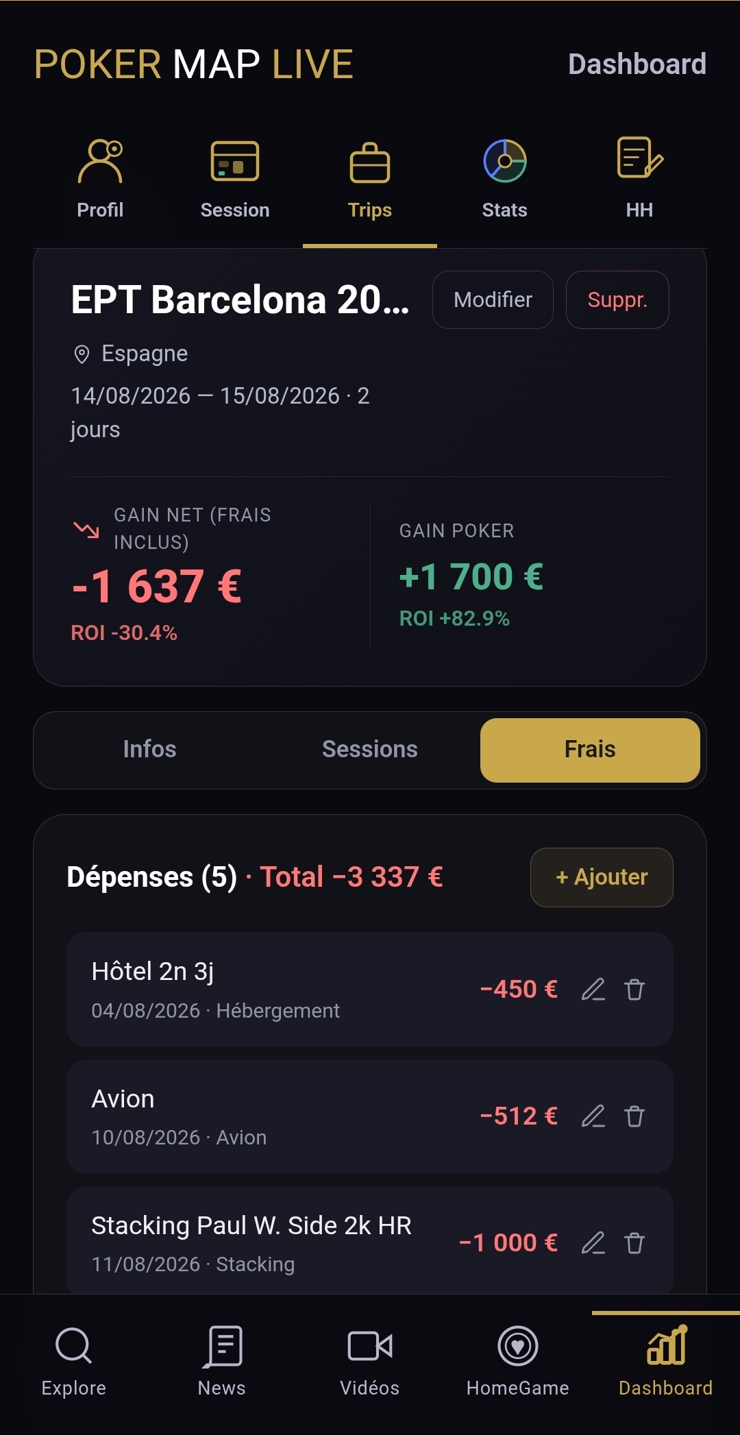 Détail d'un trip — liste des frais engagés sur PokerMapLive