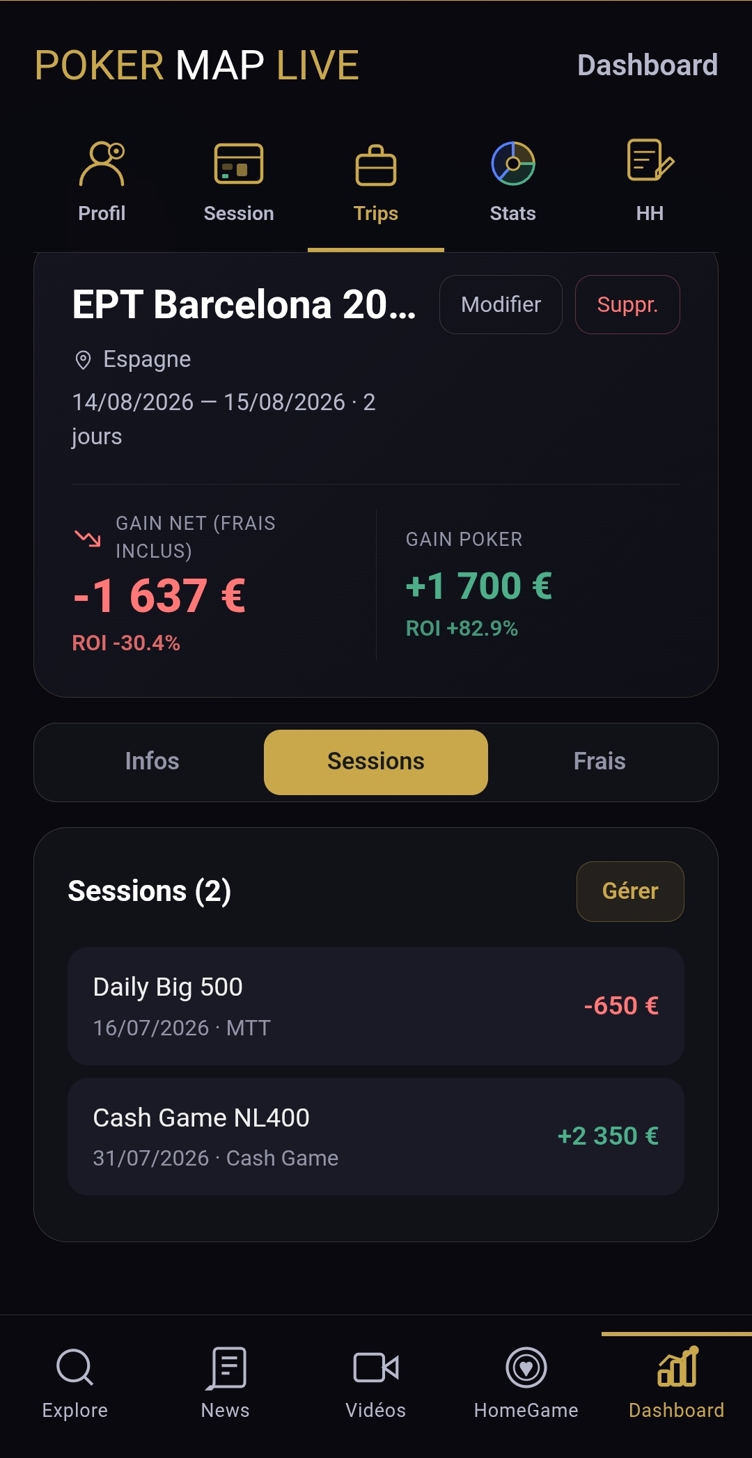 Détail d'un trip — sessions rattachées sur PokerMapLive