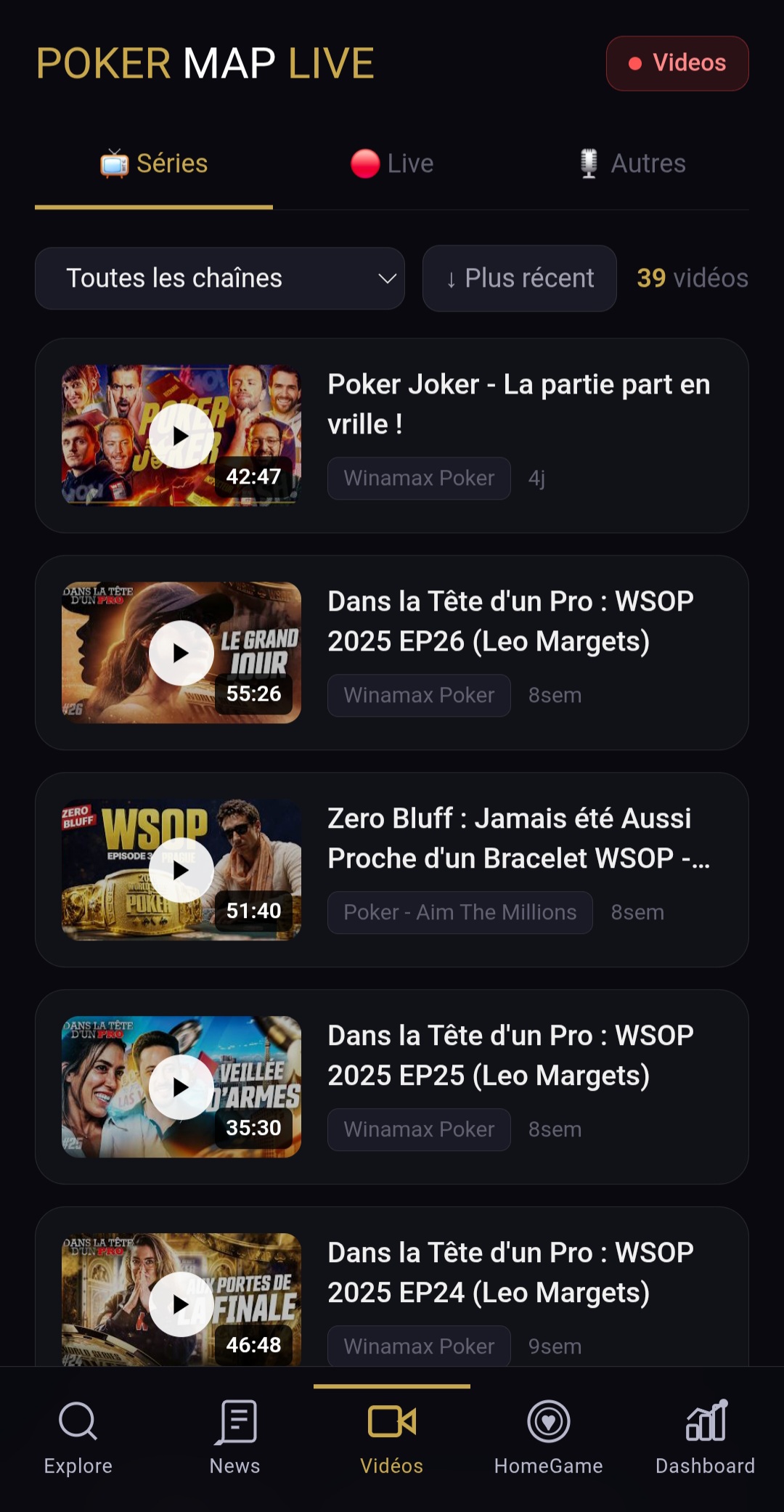 Séries poker disponibles sur PokerMapLive